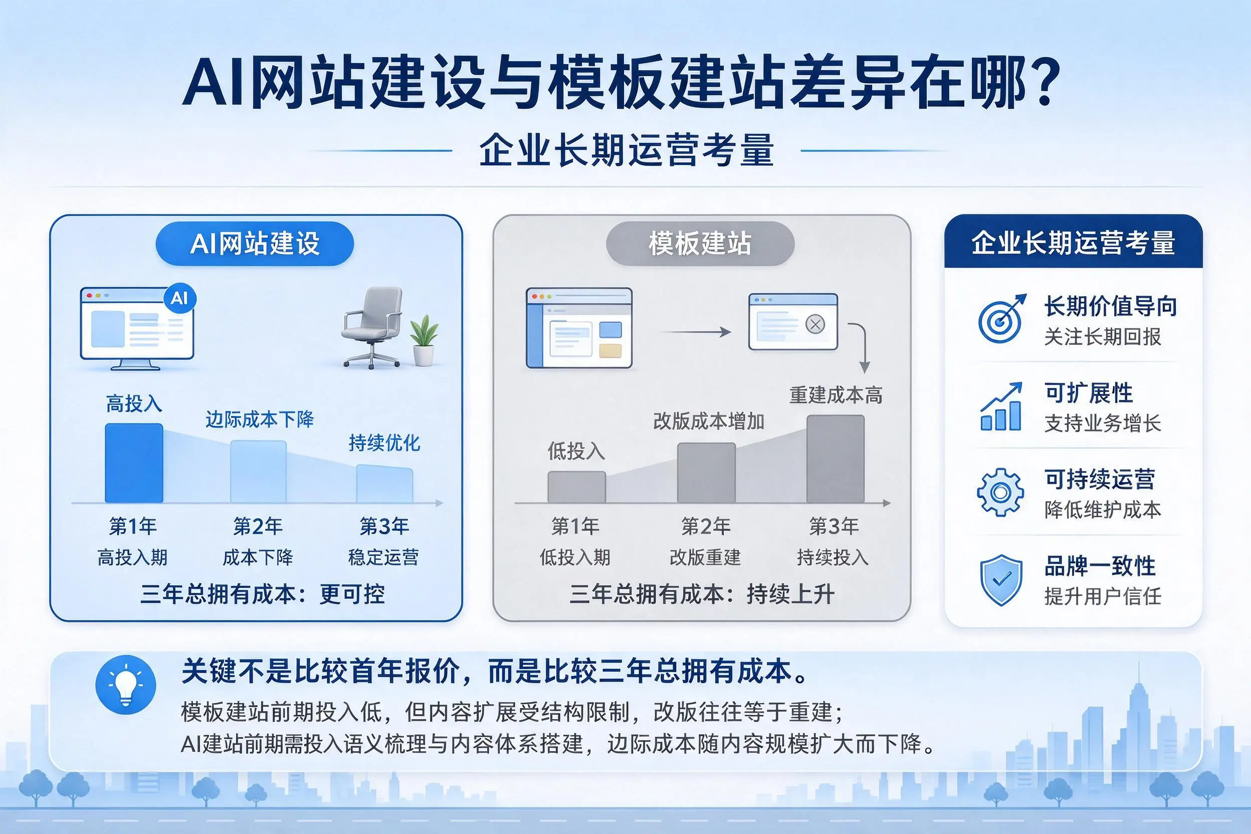 AI网站建设与模板建站差异在哪?林芝企业长期运营考量